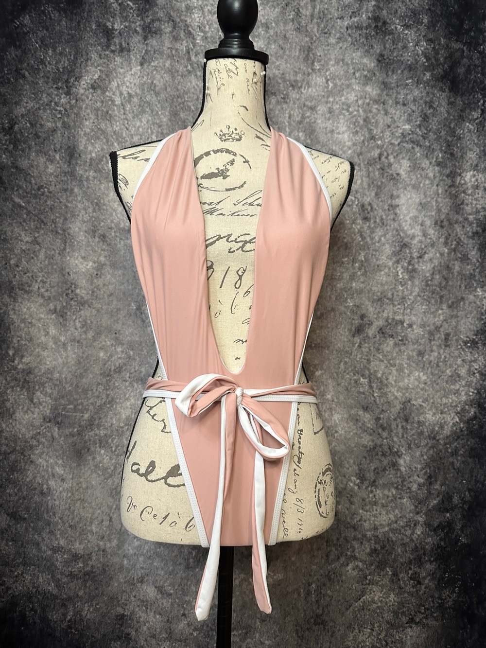 Deep V Halter Tie-Front Swimsuit in Blush Pink